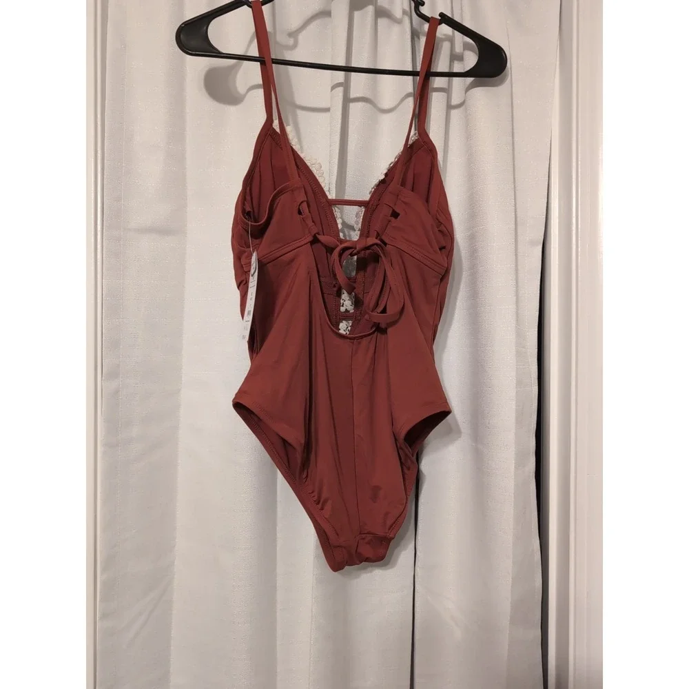 NWT Time and True One Piece Embroidered Front High Leg Low Tie Back Sz. M (8-10)